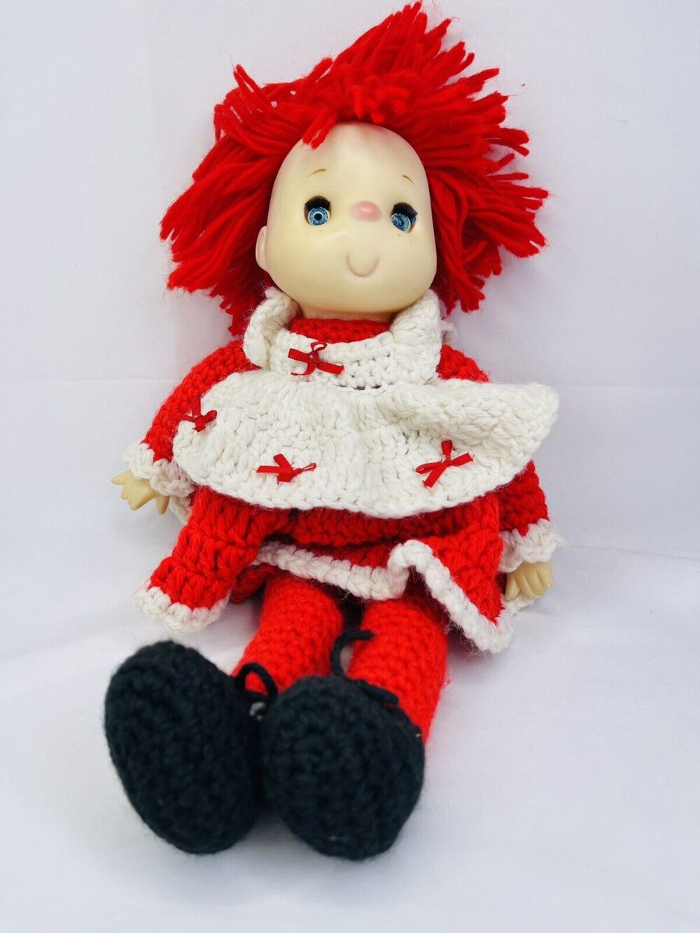 Crochet Doll Ice Cream Face Red & White Dress Red Yarn Hair Plush Black Shoes